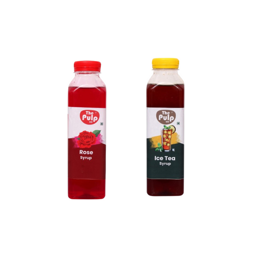 THE PULP CO Real Fruit Crush Combo - Ice Tea & Rose Syrup | 500ml | Deliciously Sweet & Juicy